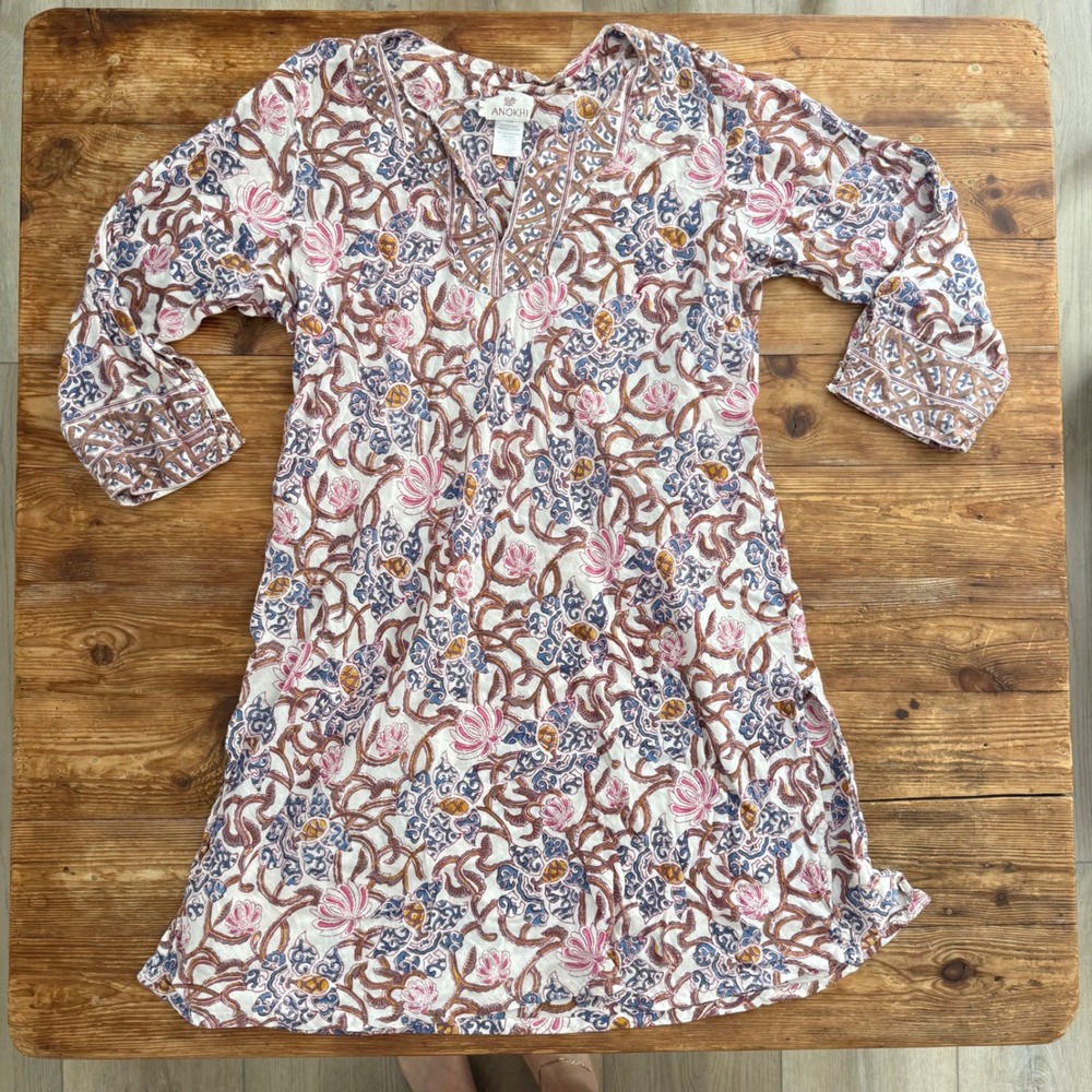 Anokhi Block Print Cotton Tunic Mini Dress Floral Pink Blue Indian Boho Lrg